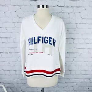 |•TOMMY HILFIGER•| WhiteV-Neck Overized Cropped Sweatshirt Size XS
